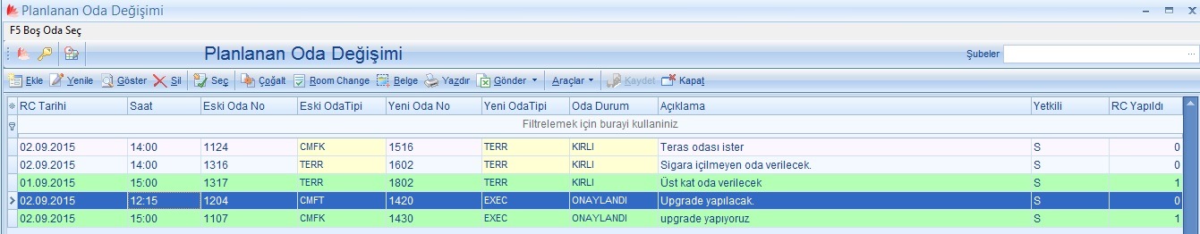 elektra otel programı oda değişimlerini gün ve saat olarak planlayabilir